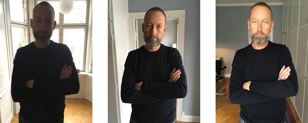 Tre portrætbilleder i forskelligt lys af mand med arme over kors