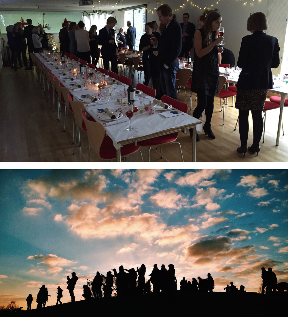 To billeder: mørkt festlokale med langborde - mennesker på bakketop med skyer på himlen